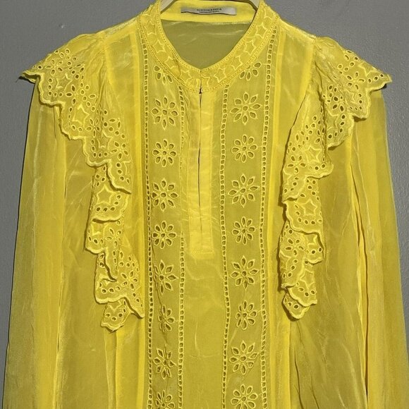 Scotch Soda Blouse Women Size S Yellow Eyelet Ruffle Embroidery Blauw European - Picture 3 of 13